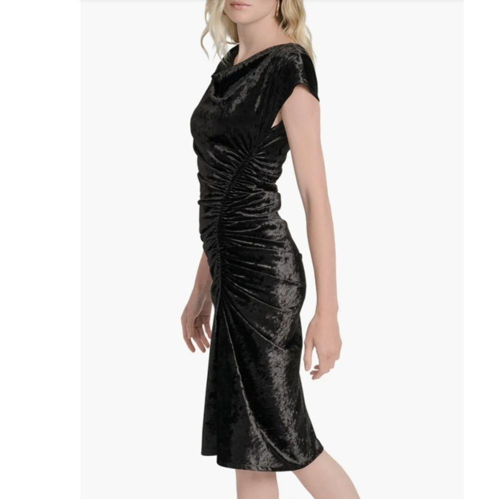 DKNY Black Velvet Midi Event Dress 12 Ruched Drape Neck Chic Glam Lux Party NWT